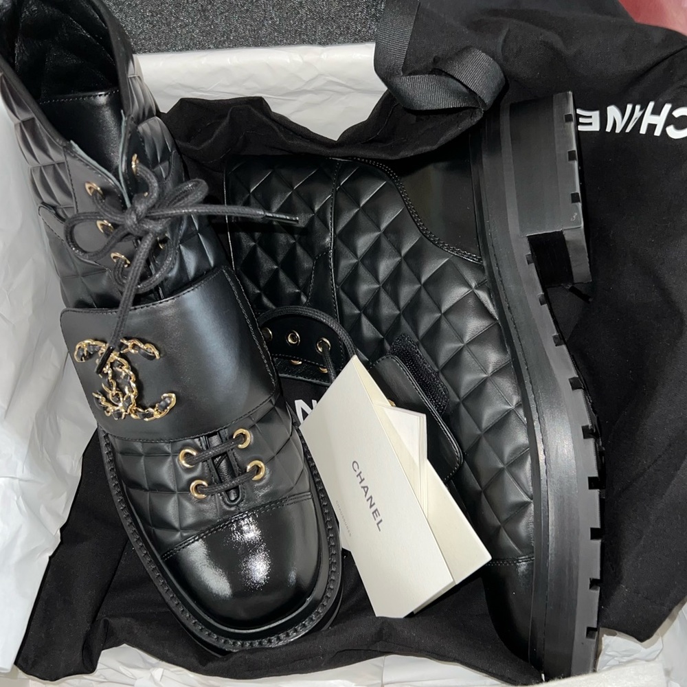 Chanel Lace Up Calfskin & Shiny Calfskin Leather Boots - Picture 5 of 16